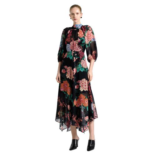 Cue Black Peacock Garden Georgette Tie Neck Midi Dress